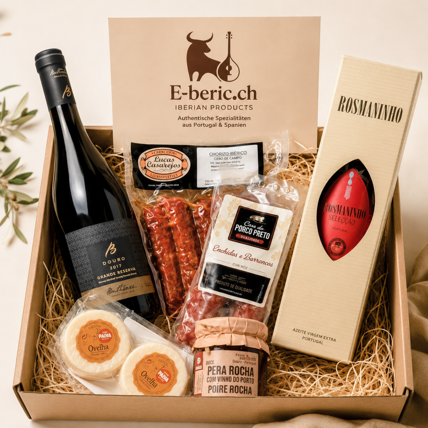 Cesto regalo gastronomia "Premium Iberico" con vino & olio d'oliva