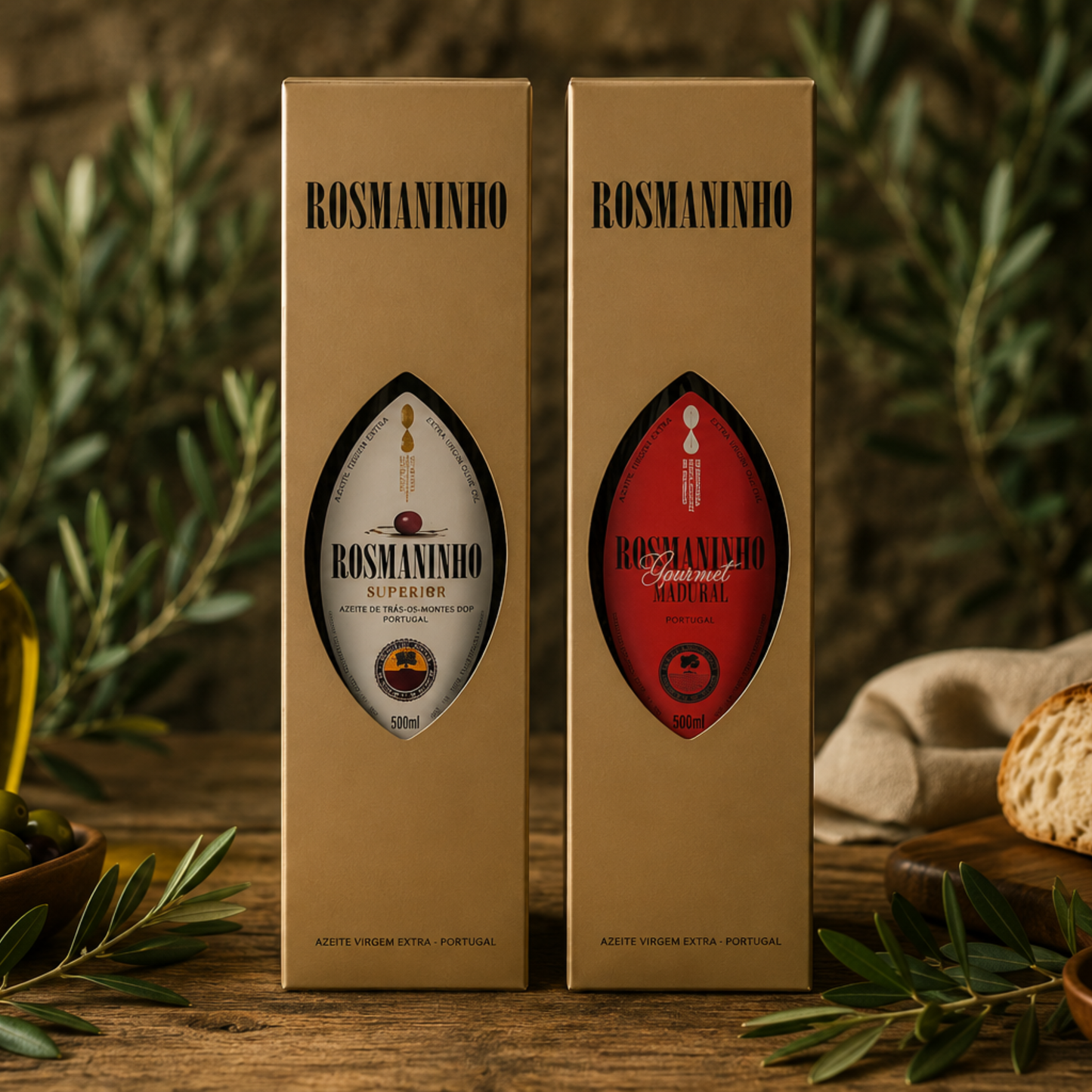 Rosmaninho Premium Duo Box – Extra Vergine Olivenöl Geschenkset mit 1x Superior DOP & 1x Monovarietal nach Wahl (2x500ml)